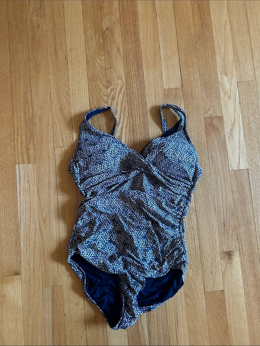 Blue Patterned One-Piece Swimsuit with Twisted Front